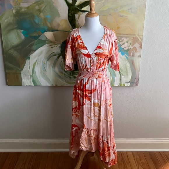 Anthropologie Abel The Label Flower Bomb Dress Flutter Sleeve orange/pink - Picture 2 of 16